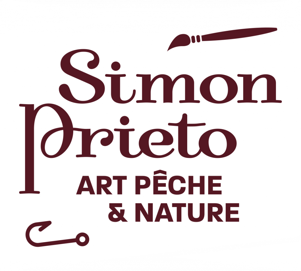 Logo noir et rouge bordeaux Simon Prieto Art Pêche et Nature